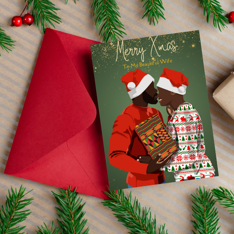 Merry Christmas Card for Couples - African Print Gift Wrap - Image 2
